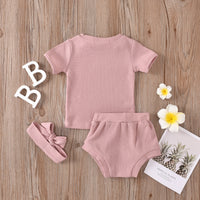 Load image into Gallery viewer, 3 Pieces Set Baby Kid Unisex Solid Color Muslin&amp;Ribbed Tops Shorts And Headwear Wholesale 220323115
