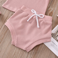 Load image into Gallery viewer, 3 Pieces Set Baby Kid Unisex Solid Color Muslin&amp;Ribbed Tops Shorts And Headwear Wholesale 220323115
