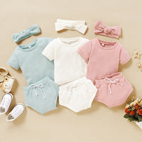 Load image into Gallery viewer, 3 Pieces Set Baby Kid Unisex Solid Color Muslin&amp;Ribbed Tops Shorts And Headwear Wholesale 220323115
