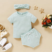 Load image into Gallery viewer, 3 Pieces Set Baby Kid Unisex Solid Color Muslin&amp;Ribbed Tops Shorts And Headwear Wholesale 220323115
