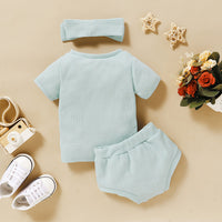 Load image into Gallery viewer, 3 Pieces Set Baby Kid Unisex Solid Color Muslin&amp;Ribbed Tops Shorts And Headwear Wholesale 220323115
