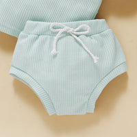 Load image into Gallery viewer, 3 Pieces Set Baby Kid Unisex Solid Color Muslin&amp;Ribbed Tops Shorts And Headwear Wholesale 220323115
