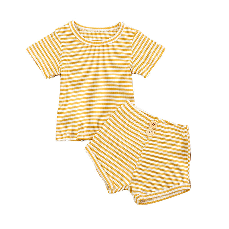 2 Pieces Set Baby Kid Girls Boys Striped Muslin&Ribbed T-Shirts And Shorts Wholesale 220323156