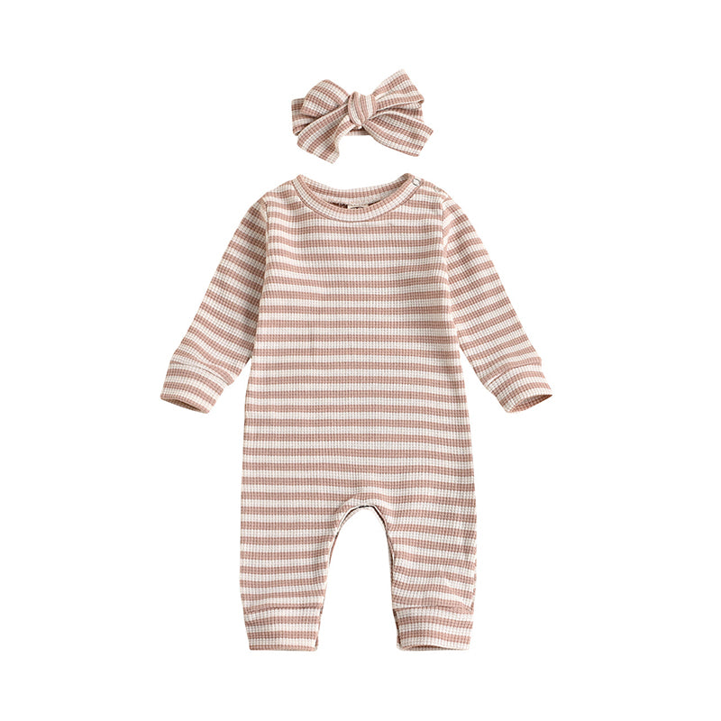 Baby Unisex Letters Bow Muslin&Ribbed Jumpsuits Wholesale 220323171