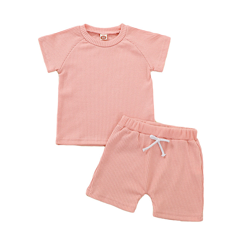2 Pieces Set Baby Kid Unisex Solid Color Muslin&Ribbed T-Shirts And Shorts Wholesale 220323174