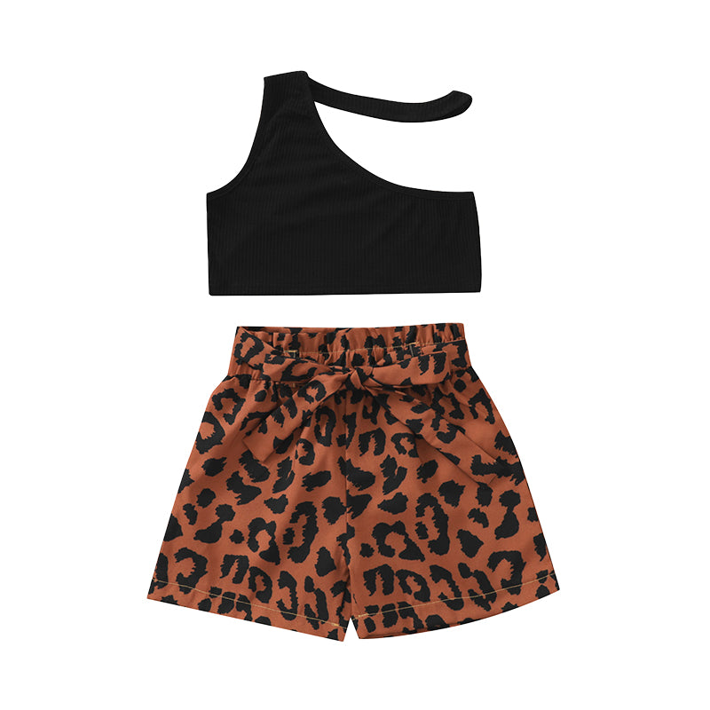 2 Pieces Set Baby Kid Girls Solid Color Tank Tops And Leopard Shorts Wholesale 220323188