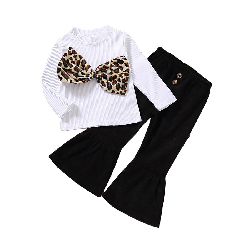 2 Pieces Set Baby Kid Girls Bow Tops And Solid Color Pants Wholesale 220323219