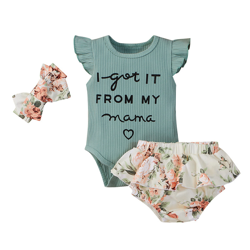 3 Pieces Set Baby Kid Girls Letters Muslin&Ribbed Rompers And Flower Print Shorts And Bow Headwear Wholesale 220323225
