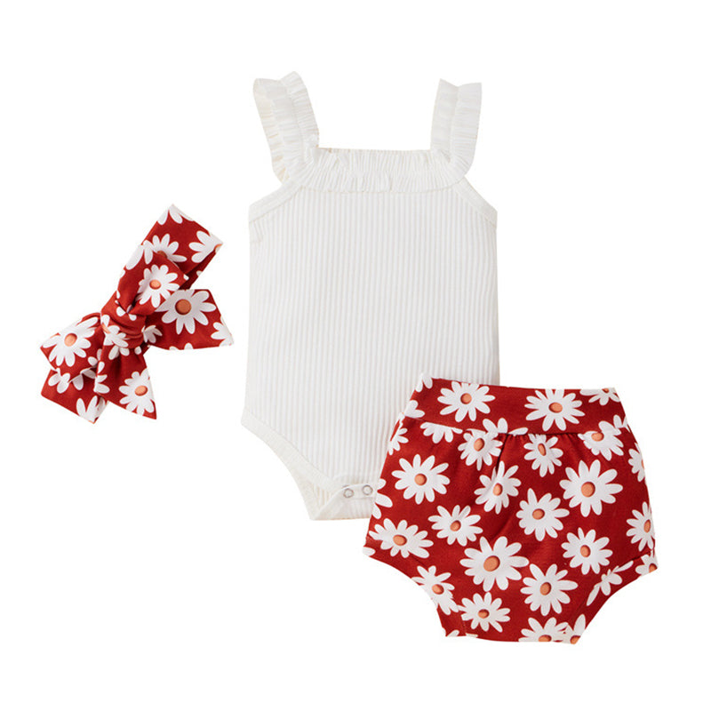 3 Pieces Set Baby Kid Girls Solid Color Muslin&Ribbed Rompers And Flower Print Shorts And Bow Headwear Wholesale 220323227
