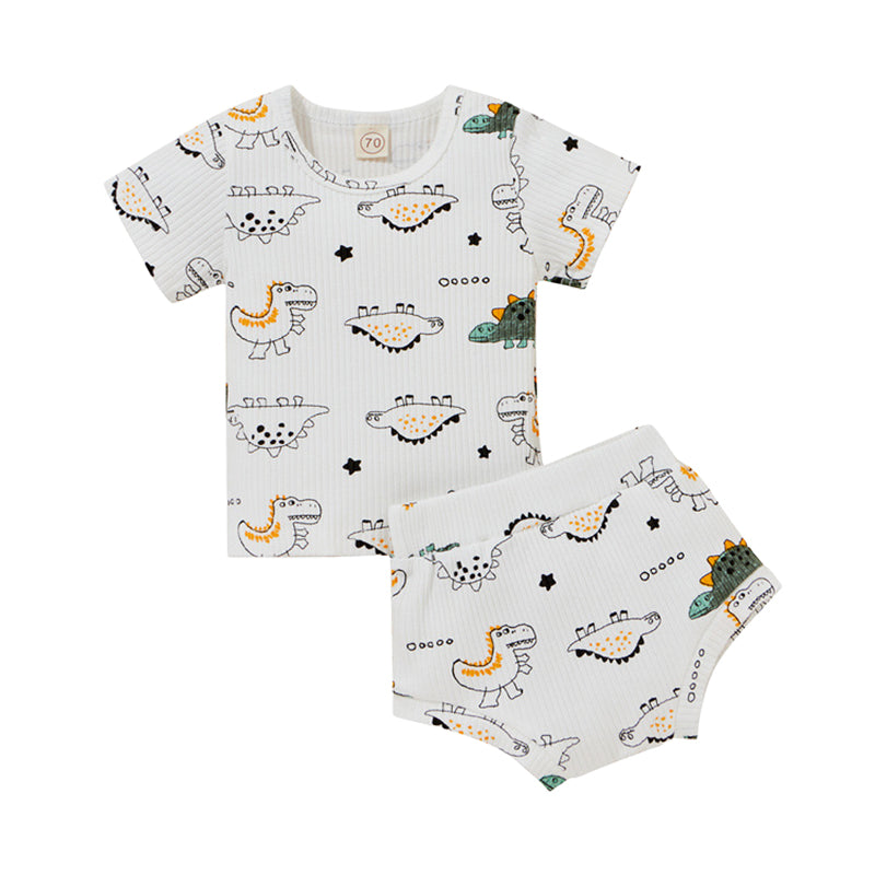 2 Pieces Set Baby Kid Boys Dinosaur Star Muslin&Ribbed Print T-Shirts And Shorts Wholesale 220323229