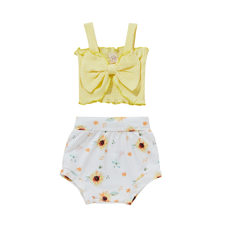 2 Pieces Set Baby Girls Bow Muslin&Ribbed Print Tank Tops And Flower Shorts Wholesale 220323230