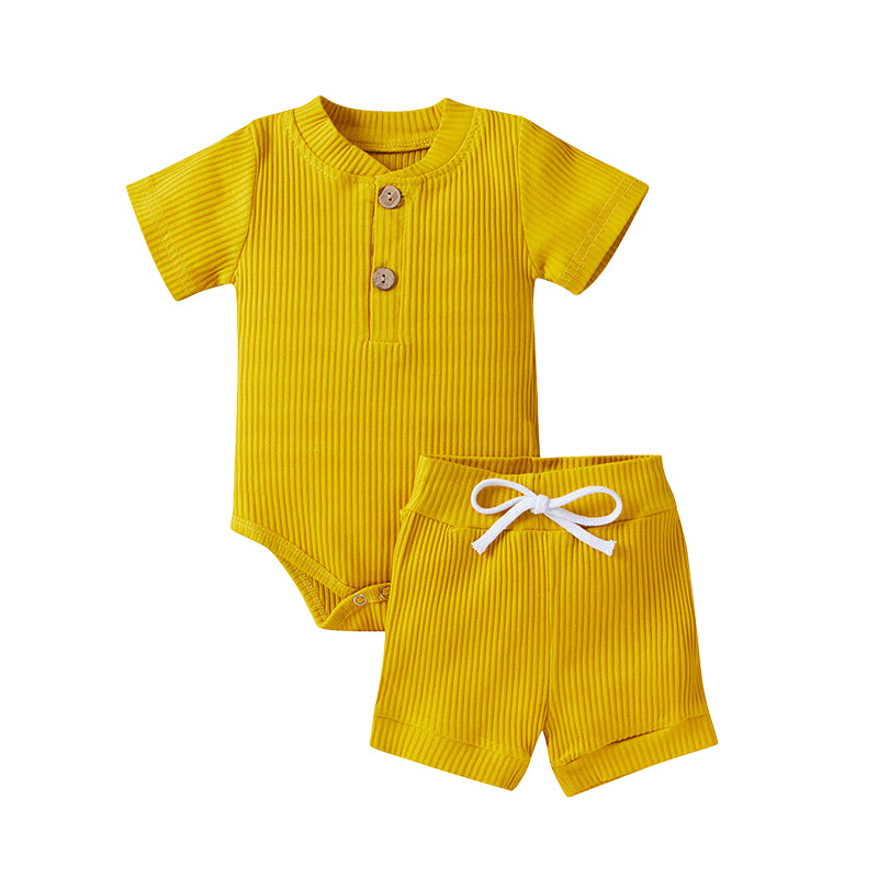 2 Pieces Set Baby Unisex Solid Color Muslin&Ribbed Rompers And Shorts Wholesale 220323231