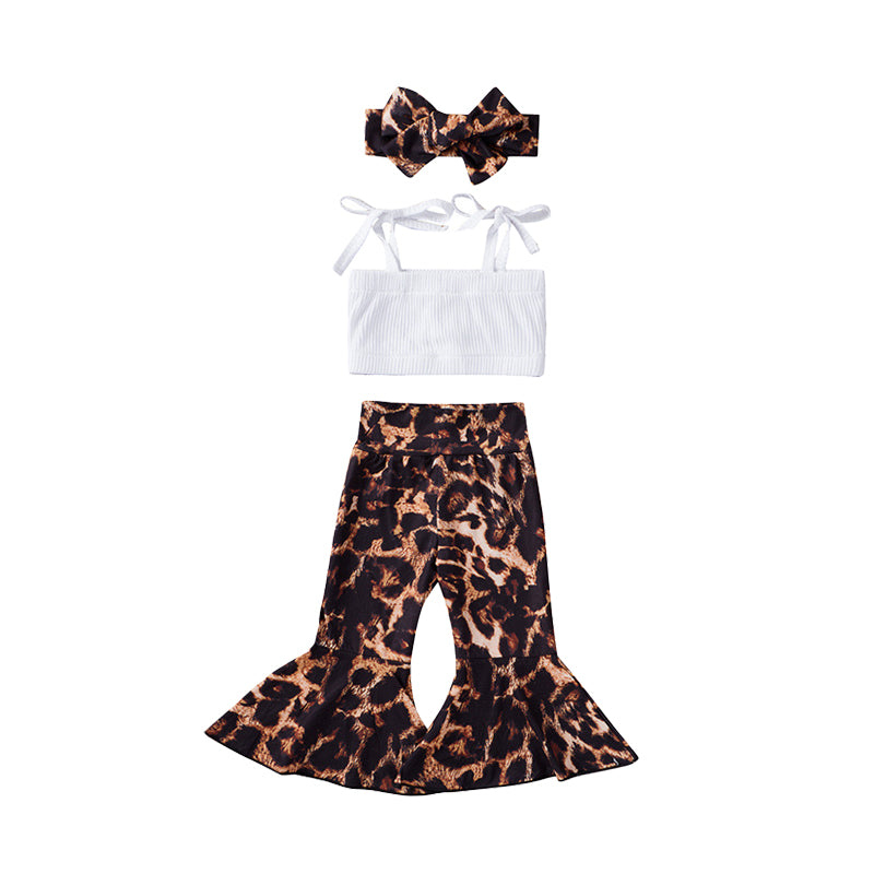 3 Pieces Set Baby Girls Solid Color Tank Tops Leopard Pants And Bow Headwear Wholesale 220323232