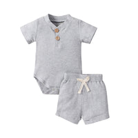 Load image into Gallery viewer, 2 Pieces Set Baby Unisex Solid Color Muslin&amp;Ribbed Rompers And Shorts Wholesale 220323233
