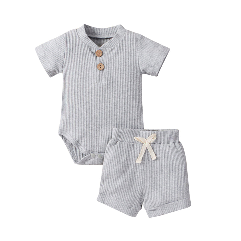 2 Pieces Set Baby Unisex Solid Color Muslin&Ribbed Rompers And Shorts Wholesale 220323233