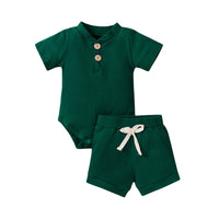 Load image into Gallery viewer, 2 Pieces Set Baby Unisex Solid Color Muslin&amp;Ribbed Rompers And Shorts Wholesale 220323233
