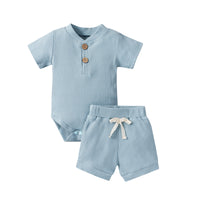 Load image into Gallery viewer, 2 Pieces Set Baby Unisex Solid Color Muslin&amp;Ribbed Rompers And Shorts Wholesale 220323233
