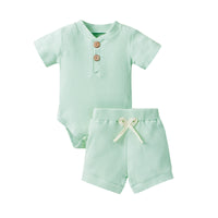 Load image into Gallery viewer, 2 Pieces Set Baby Unisex Solid Color Muslin&amp;Ribbed Rompers And Shorts Wholesale 220323233
