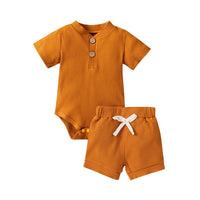 Load image into Gallery viewer, 2 Pieces Set Baby Unisex Solid Color Muslin&amp;Ribbed Rompers And Shorts Wholesale 220323233
