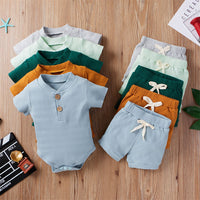 Load image into Gallery viewer, 2 Pieces Set Baby Unisex Solid Color Muslin&amp;Ribbed Rompers And Shorts Wholesale 220323233
