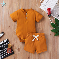Load image into Gallery viewer, 2 Pieces Set Baby Unisex Solid Color Muslin&amp;Ribbed Rompers And Shorts Wholesale 220323233
