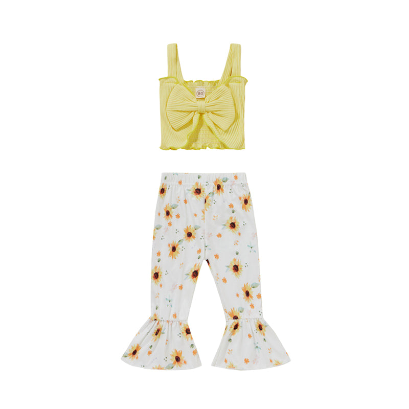 2 Pieces Set Baby Kid Girls Bow Muslin&Ribbed Print Tank Tops And Flower Pants Wholesale 220323235