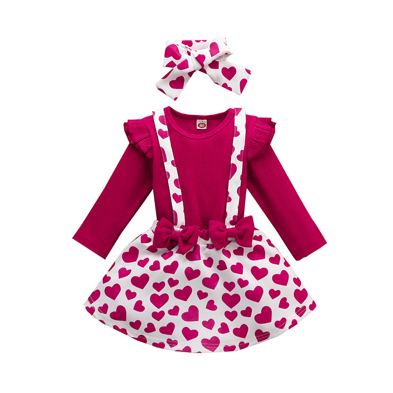 3 Pieces Set Baby Kid Girls Solid Color Muslin&Ribbed Print Tops Love heart Dresses And Bow Headwear Wholesale 220323236