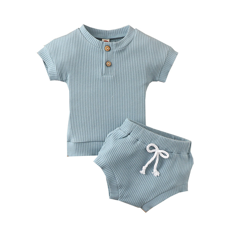 2 Pieces Set Baby Kid Unisex Solid Color Muslin&Ribbed Tops And Shorts Wholesale 220323239