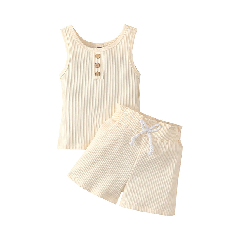 2 Pieces Set Baby Kid Girls Boys Solid Color Muslin&Ribbed Tank Tops And Shorts Wholesale 220323250