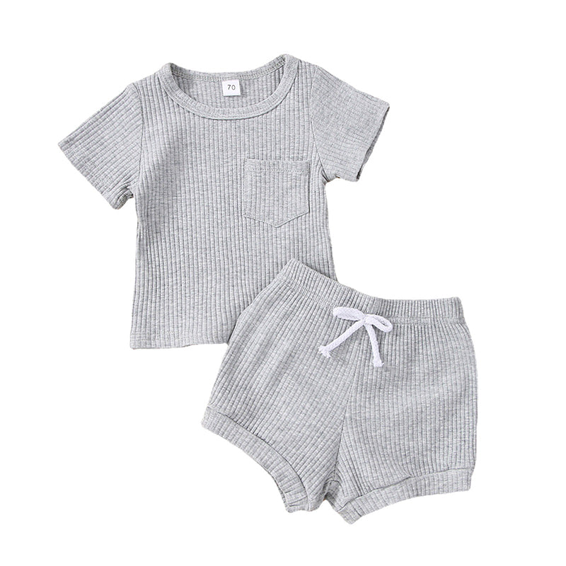 2 Pieces Set Baby Kid Girls Solid Color Muslin&Ribbed Tops And Shorts Wholesale 220323274