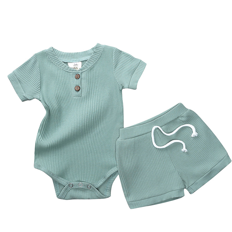 2 Pieces Set Baby Unisex Solid Color Muslin&Ribbed Rompers And Shorts Wholesale 220323281