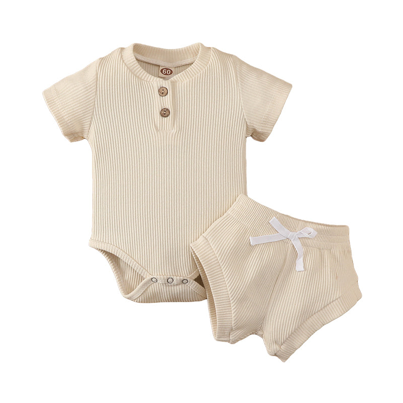 2 Pieces Set Baby Girls Solid Color Muslin&Ribbed Rompers And Shorts Wholesale 220323282