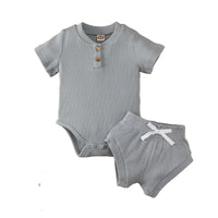 Load image into Gallery viewer, 2 Pieces Set Baby Girls Solid Color Muslin&amp;Ribbed Rompers And Shorts Wholesale 220323282
