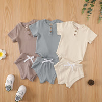 Load image into Gallery viewer, 2 Pieces Set Baby Girls Solid Color Muslin&amp;Ribbed Rompers And Shorts Wholesale 220323282
