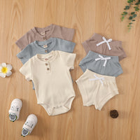 Load image into Gallery viewer, 2 Pieces Set Baby Girls Solid Color Muslin&amp;Ribbed Rompers And Shorts Wholesale 220323282

