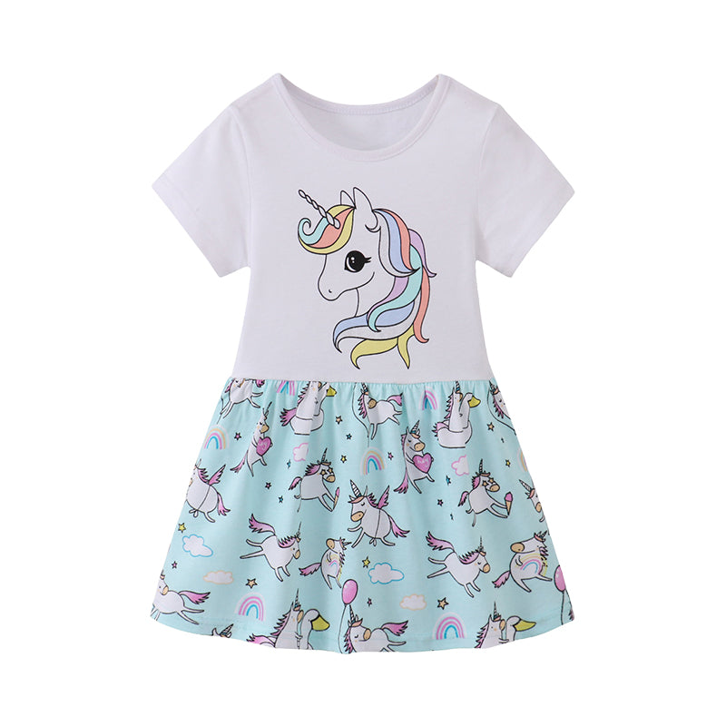 Baby Kid Girls Color-blocking Unicorn Print Dresses Wholesale 220323331