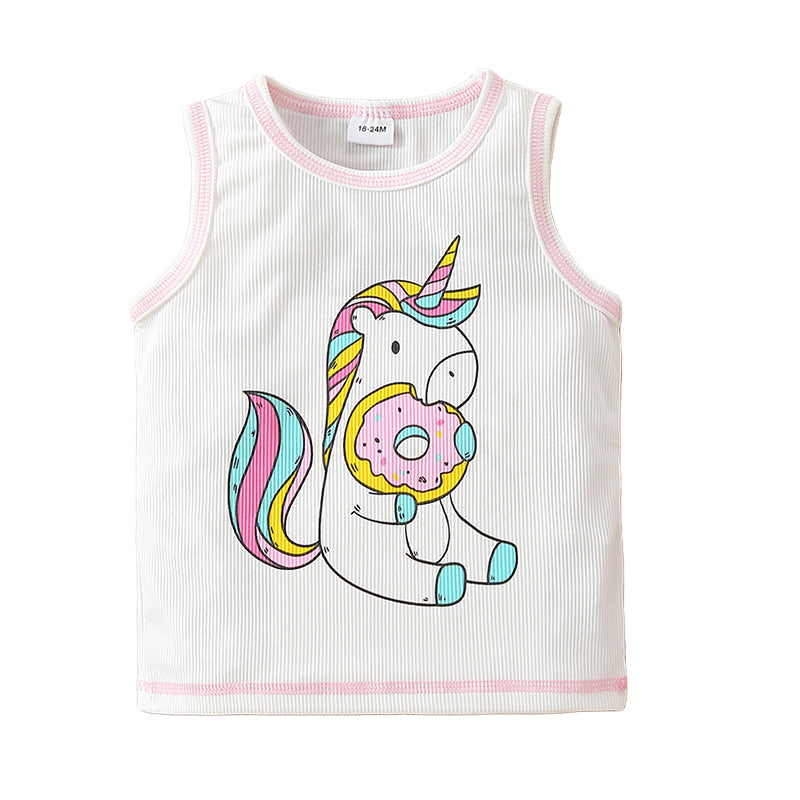 Baby Kid Girls Unicorn Muslin&Ribbed Print Tank Tops Wholesale 220323332