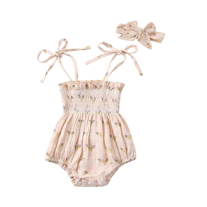 Baby Girls Flower Bow Print Rompers Headwear Wholesale 220323379
