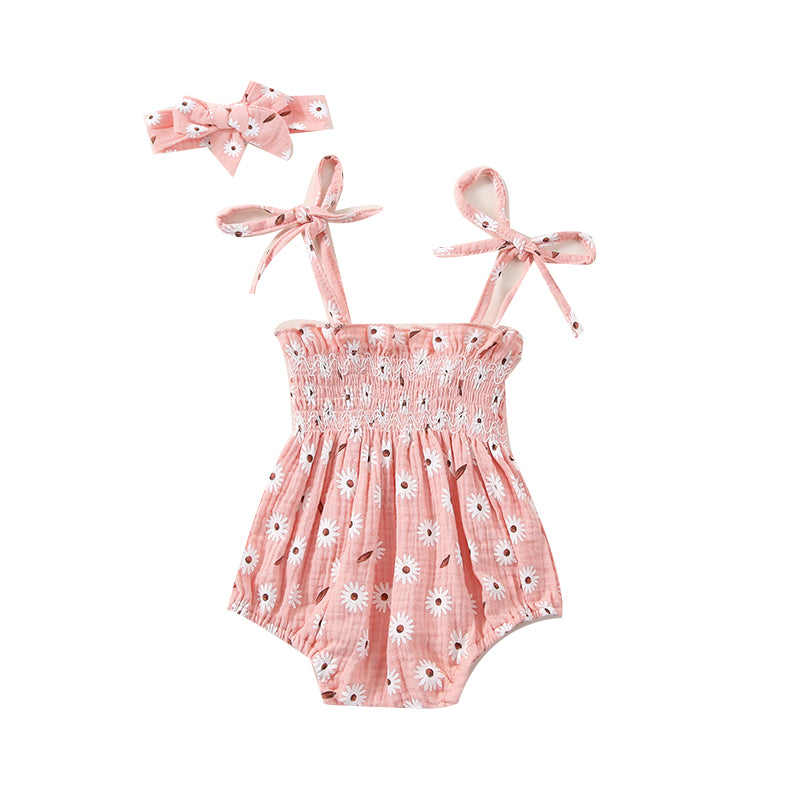 Baby Girls Flower Bow Print Rompers Headwear Wholesale 220323379