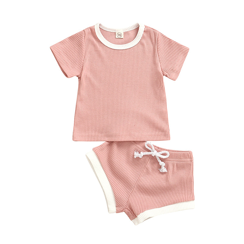 2 Pieces Set Baby Kid Girls Boys Color-blocking Muslin&Ribbed T-Shirts And Shorts Wholesale 22032380