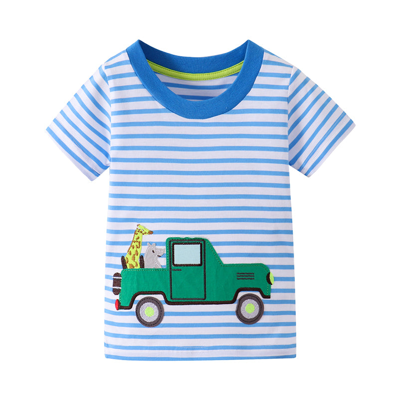 Baby Kid Boys Striped Car Cartoon Embroidered T-Shirts Wholesale 22032395