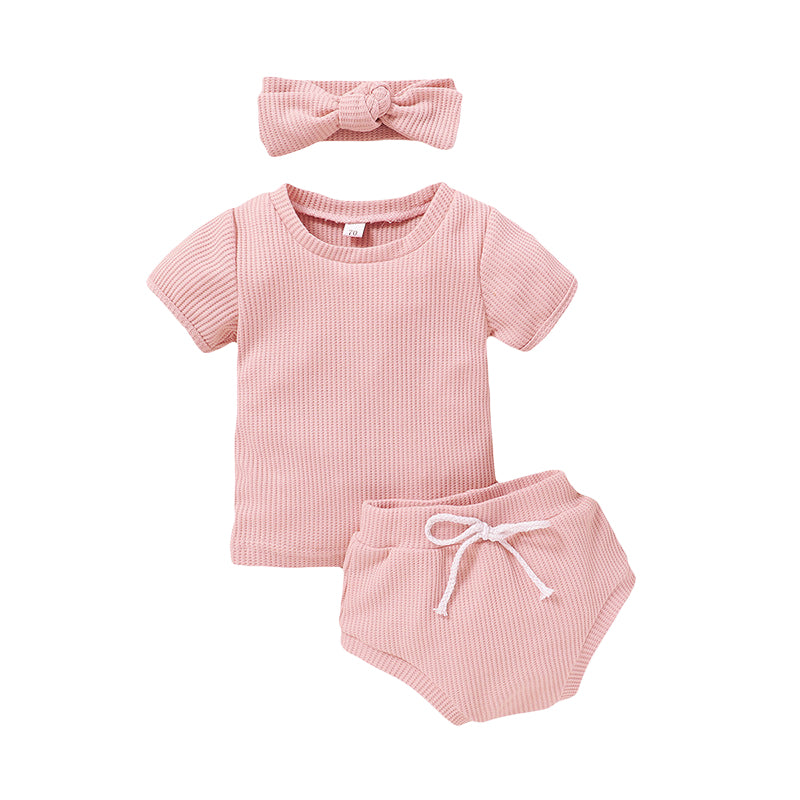 3 Pieces Set Baby Kid Girls Solid Color Muslin&Ribbed T-Shirts Shorts And Headwear Wholesale 22032399