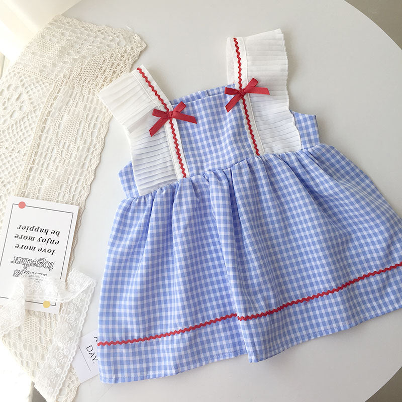 Baby Kid Girls Color-blocking Checked Bow Dresses Wholesale 220328131