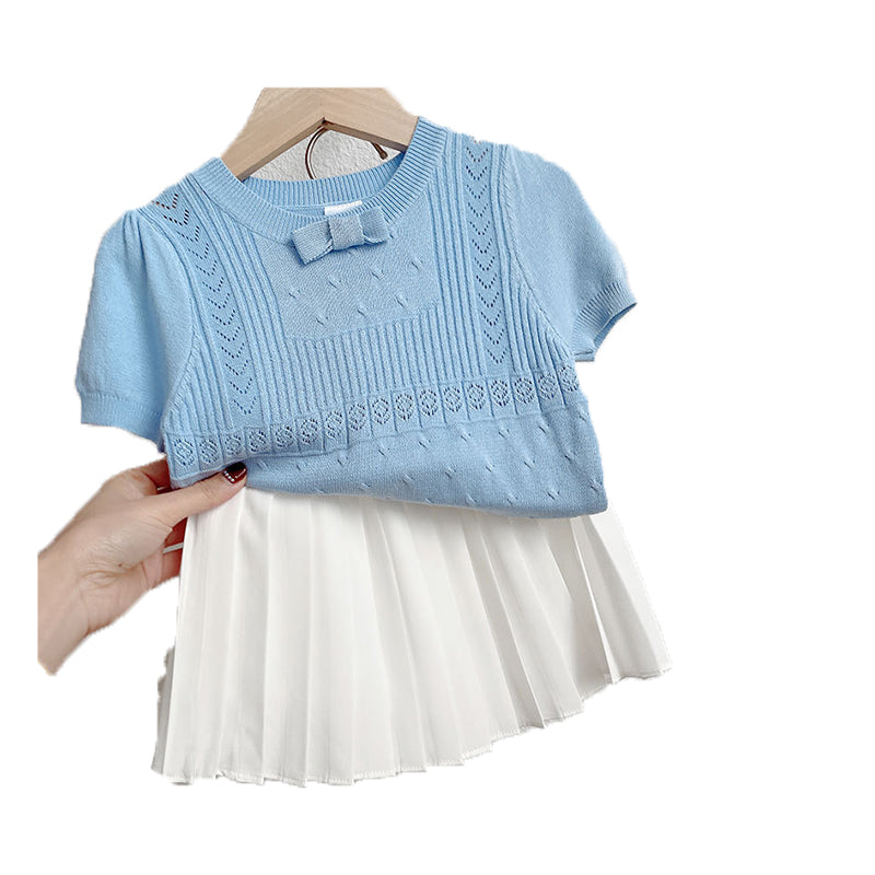 Baby Kid Girls Solid Color Bow Embroidered T-Shirts Knitwear Wholesale 220328214