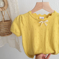 Load image into Gallery viewer, Baby Kid Girls Solid Color Bow Lace Crochet T-Shirts Wholesale 220328248
