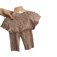 Load image into Gallery viewer, 2 Pieces Set Baby Kid Girls Flower Muslin&amp;Ribbed Print T-Shirts And Pants Wholesale 220328324
