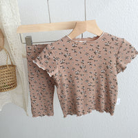 Load image into Gallery viewer, 2 Pieces Set Baby Kid Girls Flower Muslin&amp;Ribbed Print T-Shirts And Pants Wholesale 220328324
