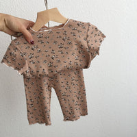 Load image into Gallery viewer, 2 Pieces Set Baby Kid Girls Flower Muslin&amp;Ribbed Print T-Shirts And Pants Wholesale 220328324
