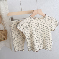 Load image into Gallery viewer, 2 Pieces Set Baby Kid Girls Flower Muslin&amp;Ribbed Print T-Shirts And Pants Wholesale 220328324
