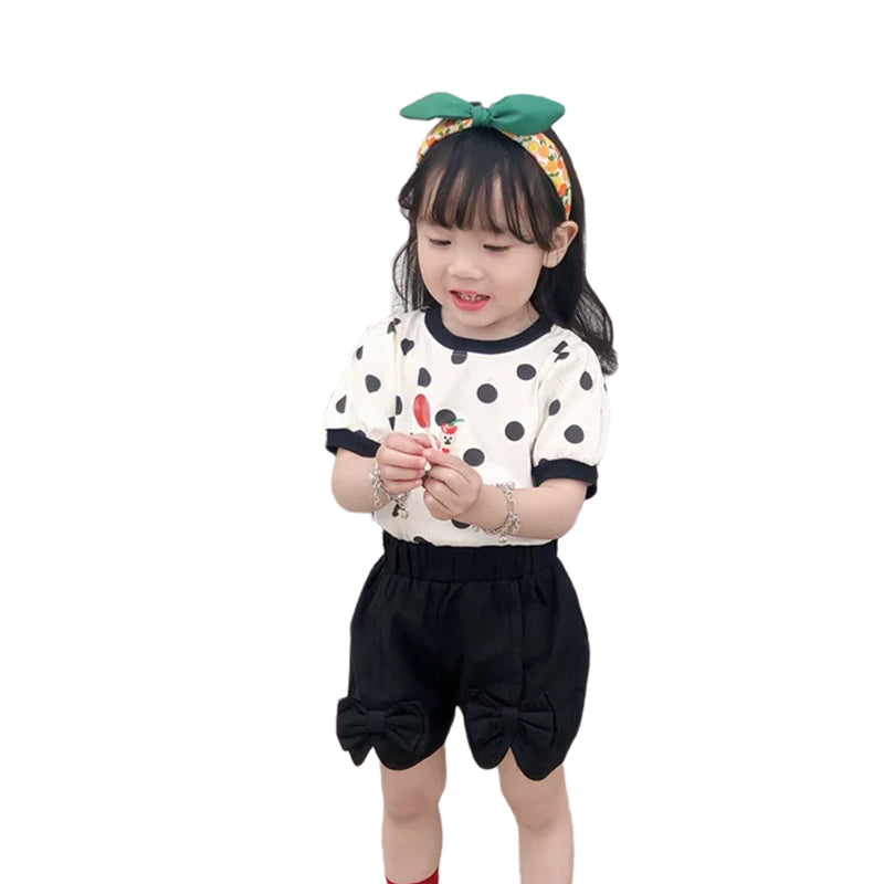 Baby Kid Girls Color-blocking Polka dots Cartoon Print T-Shirts And Solid Color Shorts Wholesale 220328411